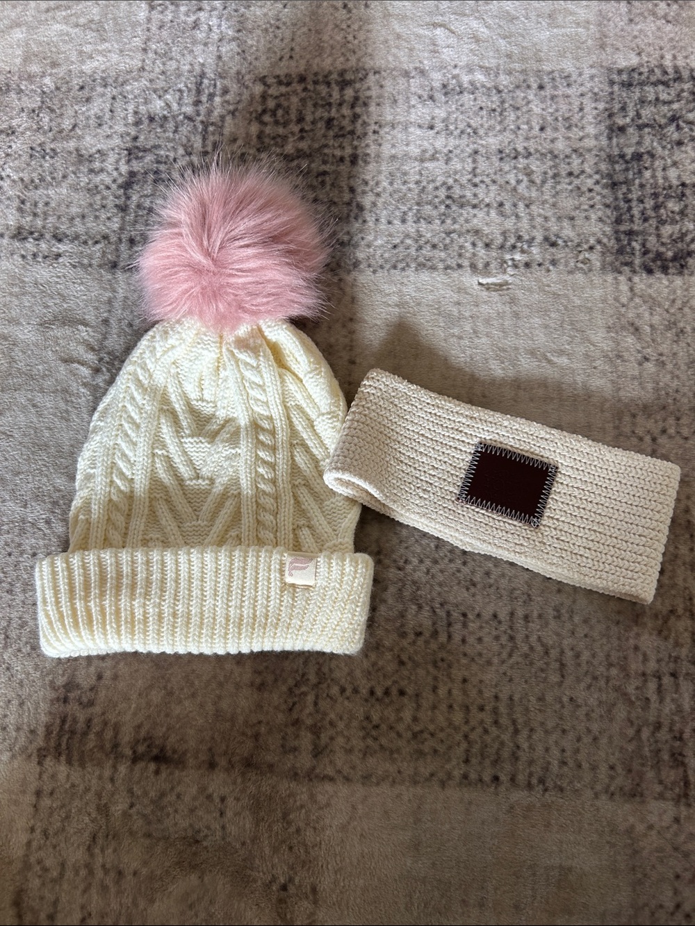 Love Your Melon Cream Knit Beanie with Pink Faux Fur Pom and Matching Headband